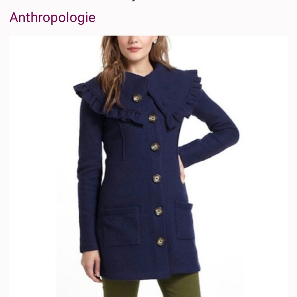 Anthropologie Midnight Blue Ruffle Trench Coat